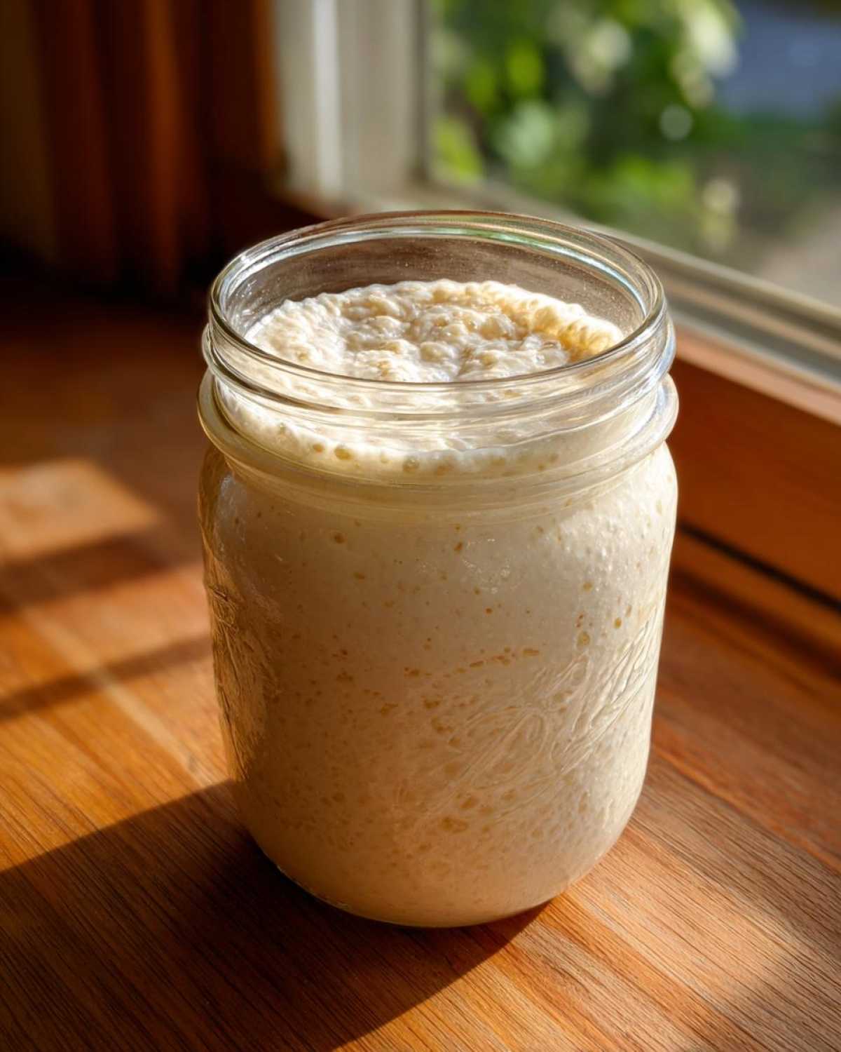 A highly active sourdough starter, full of bubbles and foam, sitting in a glass jar on a sunny wooden surface.