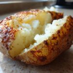 Close-up of a fluffy air fryer baked potato split open, showing the soft interior and seasoned, crispy skin.
