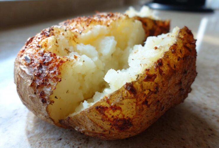 Close-up of a fluffy air fryer baked potato split open, showing the soft interior and seasoned, crispy skin.