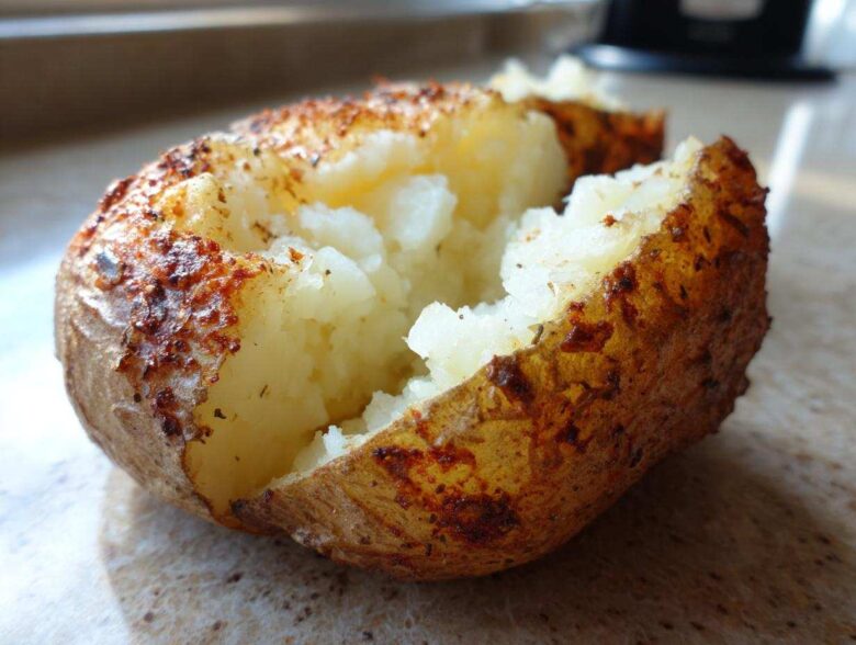Close-up of a fluffy air fryer baked potato split open, showing the soft interior and seasoned, crispy skin.