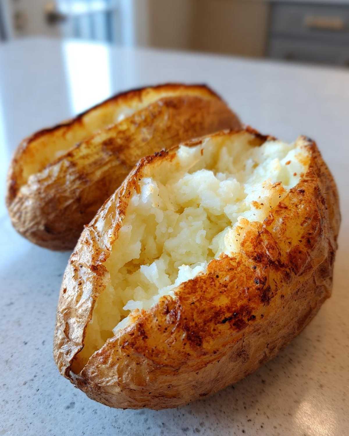 Close-up of a perfectly cooked air fryer baked potato, split open to show fluffy white interior and crispy, seasoned skin.