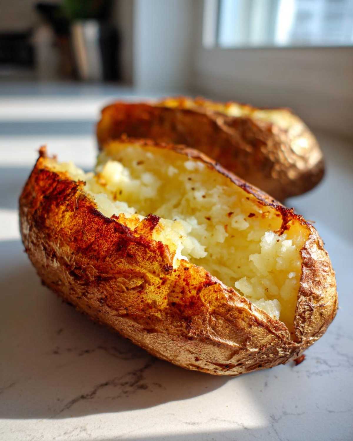 Close-up of a perfectly cooked air fryer baked potato, split open to show fluffy interior and crispy skin.