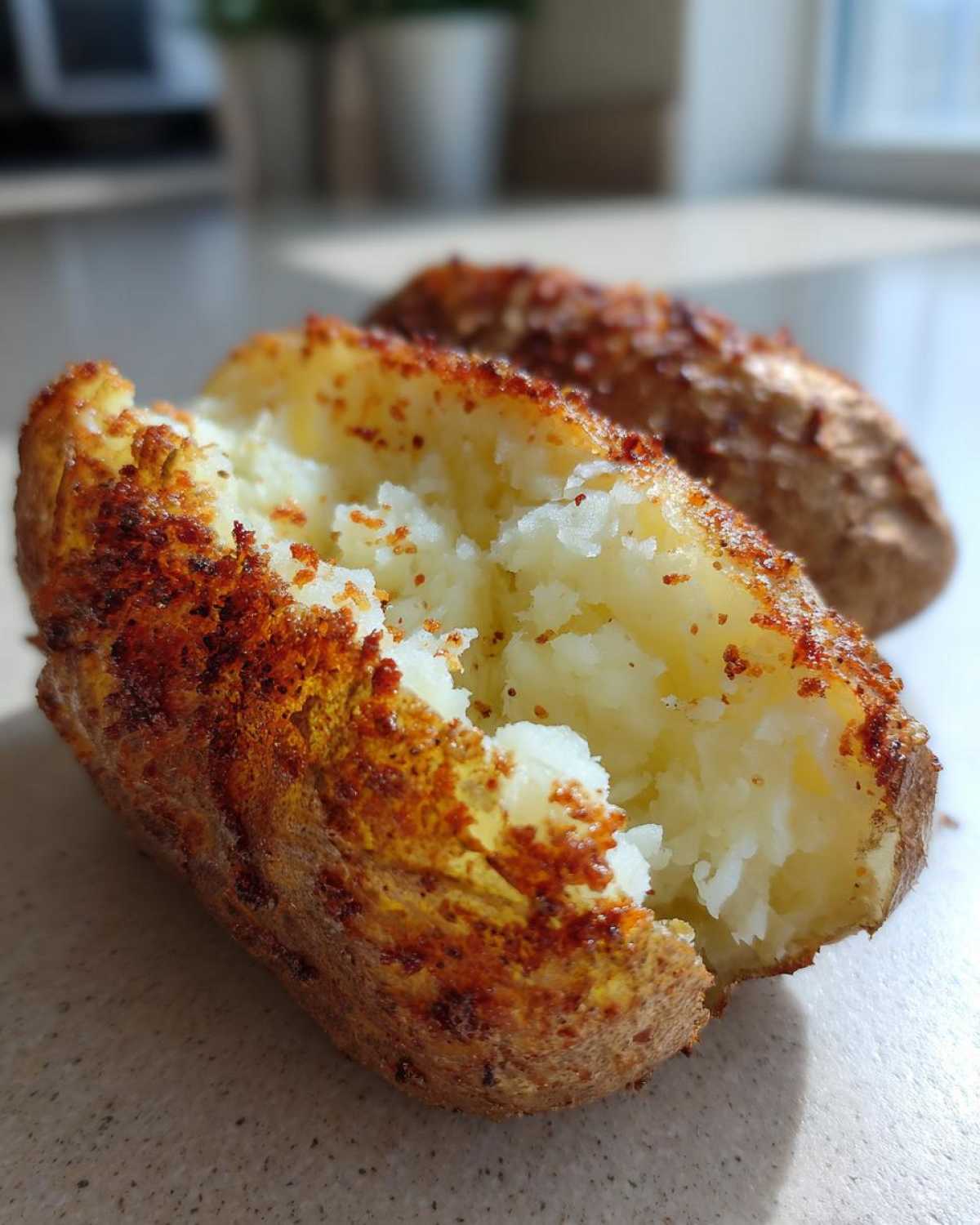 Close-up of a perfectly cooked air fryer baked potato, split open showing fluffy white interior and crispy seasoned skin.