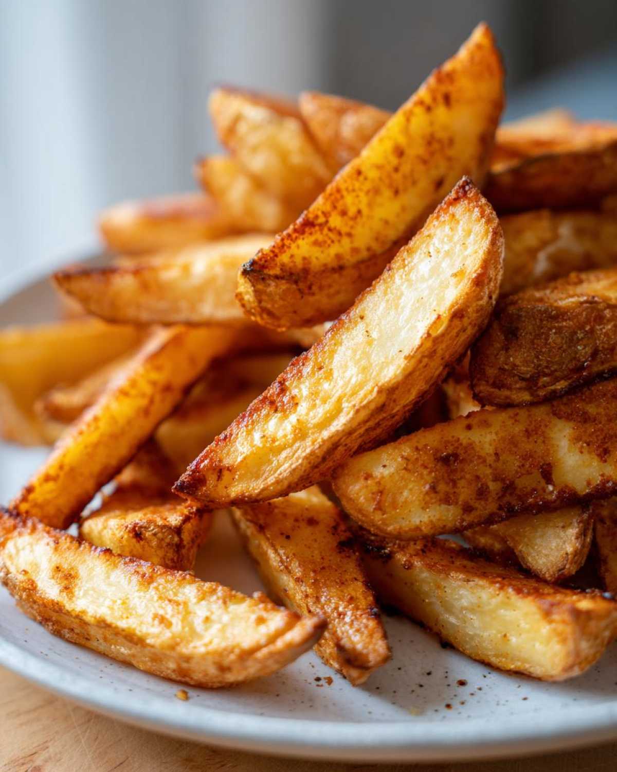 Close-up of perfectly seasoned and crispy air fryer potato wedges piled high on a speckled white plate.
