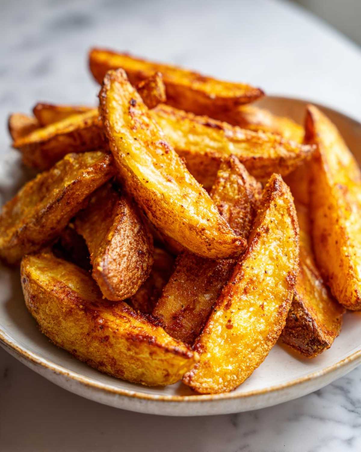 Close-up of a pile of perfectly seasoned and crispy air fryer potato wedges served on a light plate.