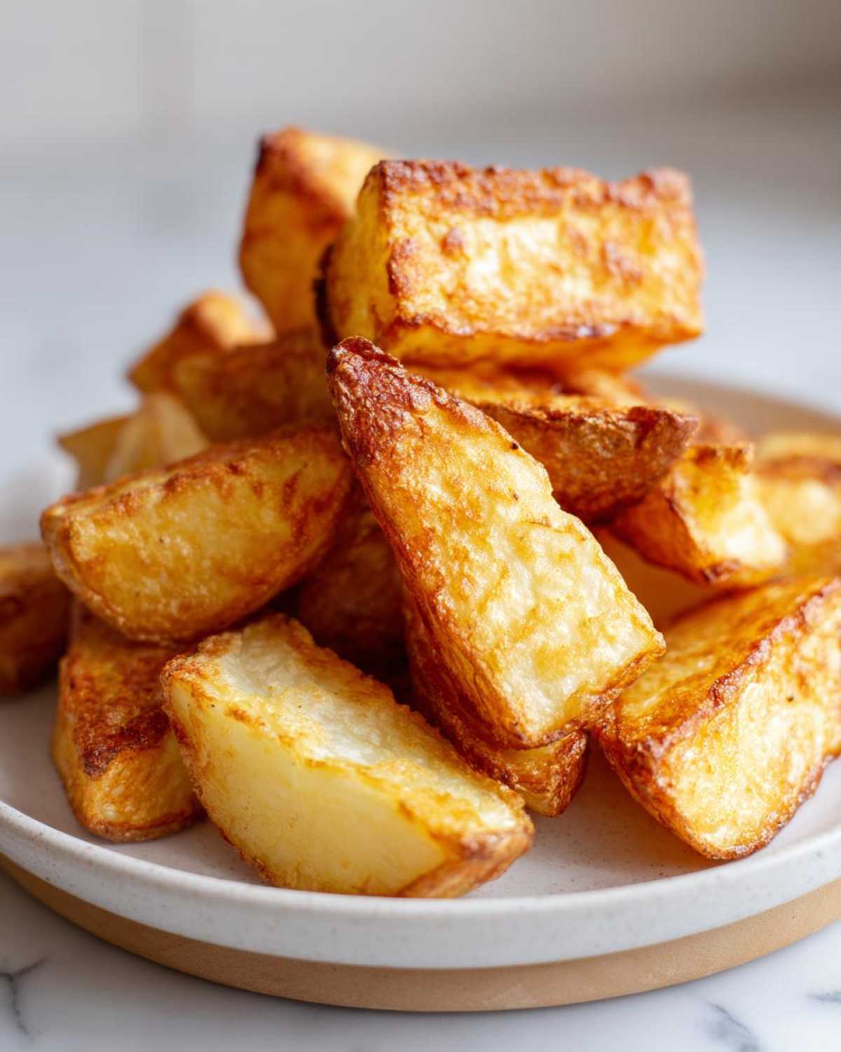 Close-up of perfectly crispy, golden air fryer potato wedges piled high on a white and tan plate.