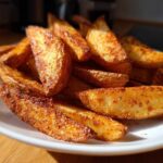 A close-up of a pile of golden, seasoned air fryer potato wedges served on a white plate.
