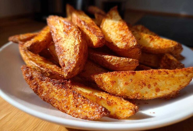 A close-up of a pile of golden, seasoned air fryer potato wedges served on a white plate.