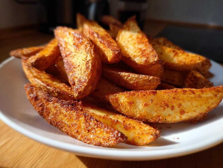 A close-up of a pile of golden, seasoned air fryer potato wedges served on a white plate.