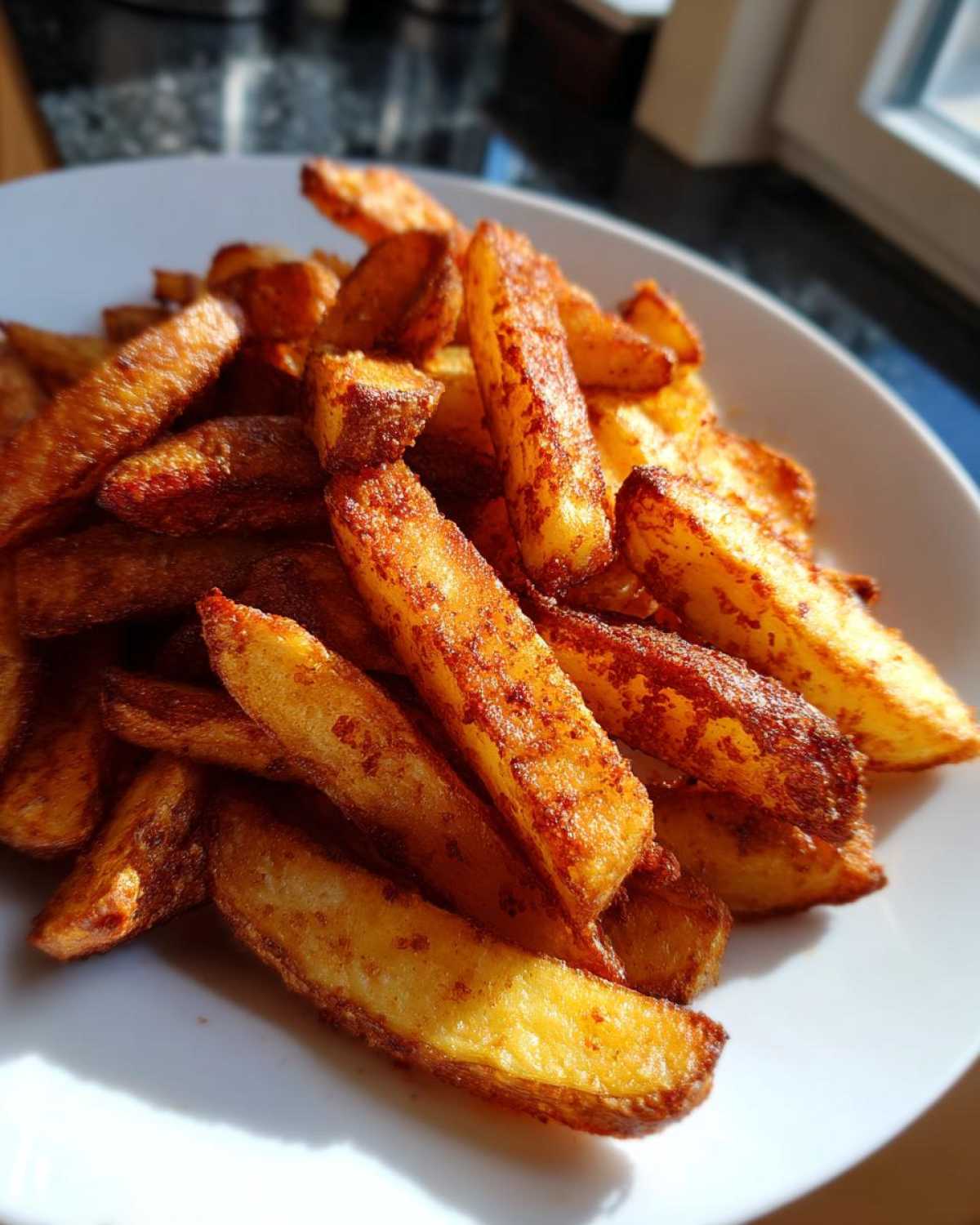 A close-up of golden brown, seasoned air fryer potato wedges piled high on a white plate.