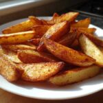 A white plate piled high with golden brown, seasoned air fryer potato wedges catching the sunlight.