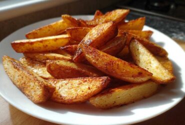 A white plate piled high with golden brown, seasoned air fryer potato wedges catching the sunlight.