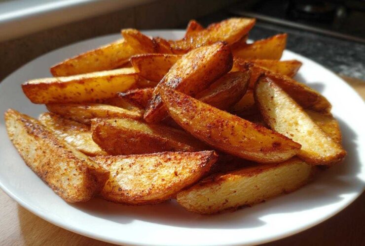 A white plate piled high with golden brown, seasoned air fryer potato wedges catching the sunlight.