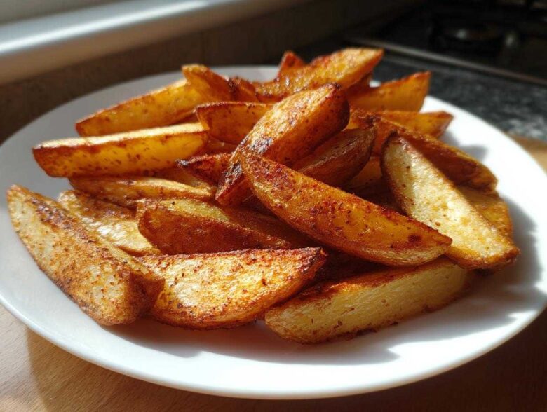 A white plate piled high with golden brown, seasoned air fryer potato wedges catching the sunlight.