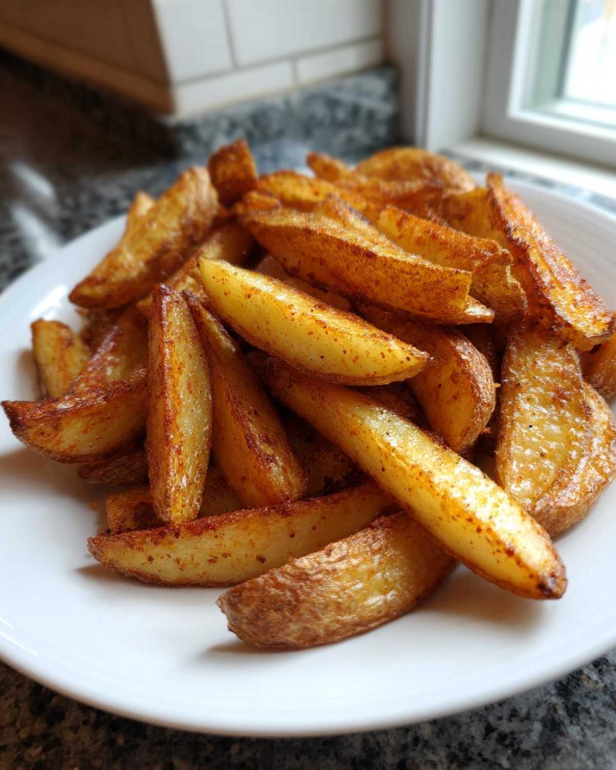 A close-up of golden brown, seasoned air fryer potato wedges piled high on a white plate.