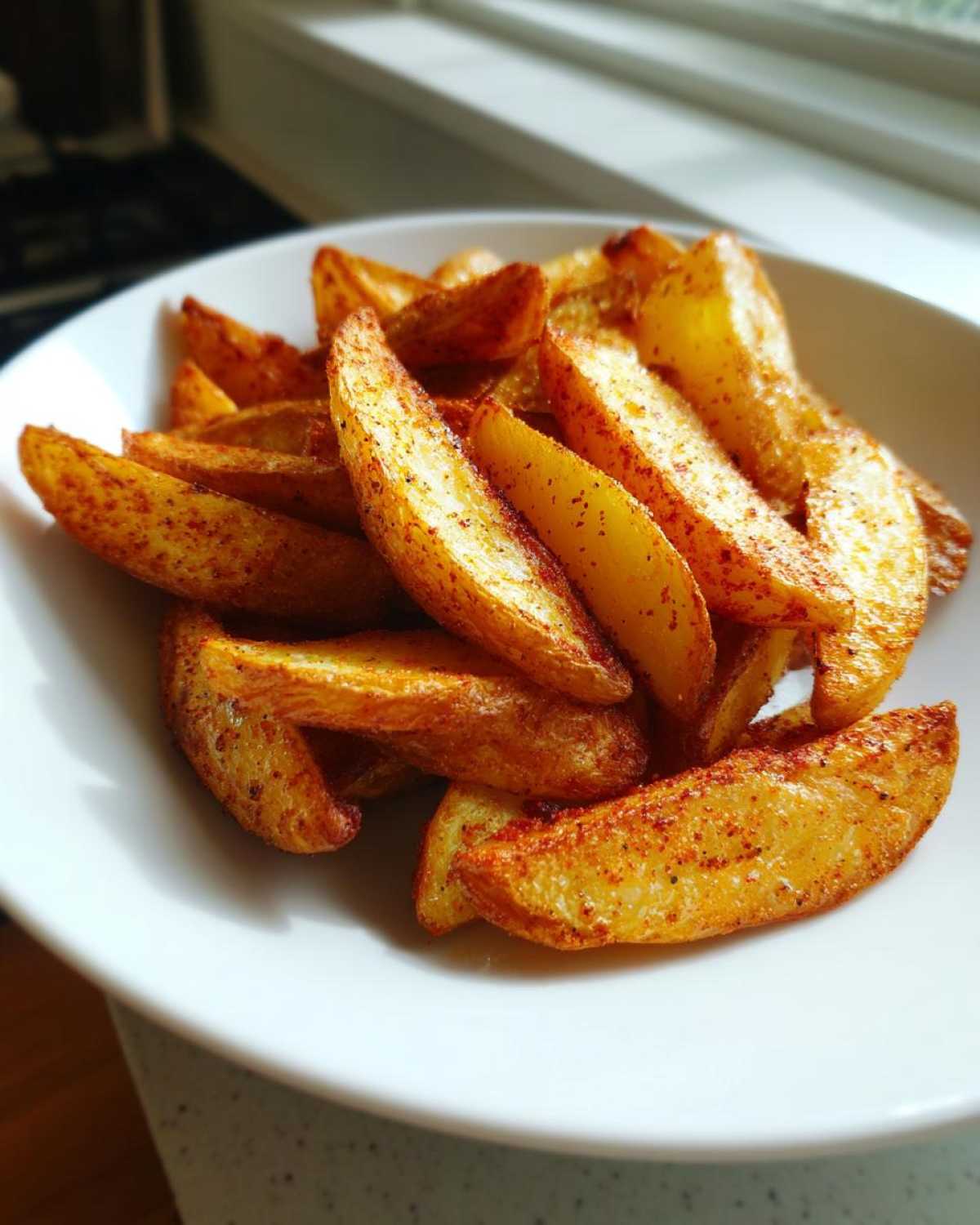 A white bowl filled with golden, crispy air fryer potato wedges seasoned with paprika.