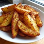 A close-up of perfectly cooked, golden-brown air fryer potato wedges heavily seasoned with spices, served in a white bowl.
