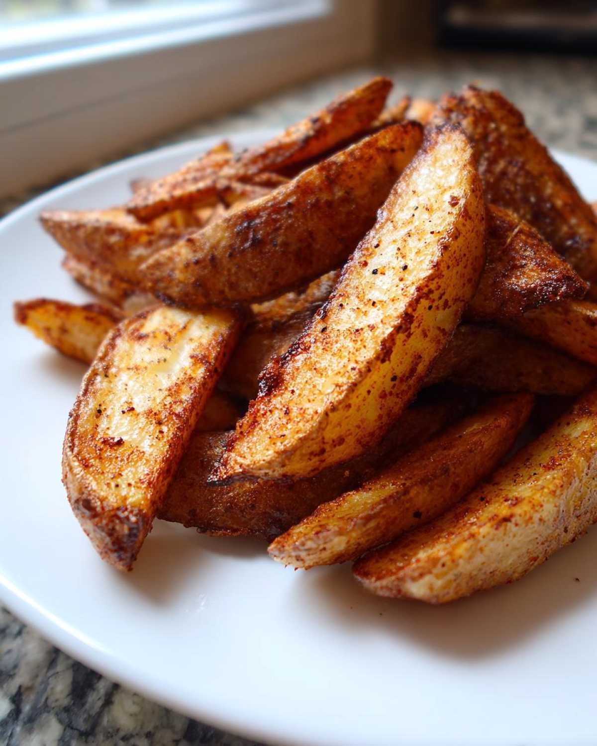 A close-up shot of a pile of crispy, seasoned air fryer potato wedges served on a white plate.