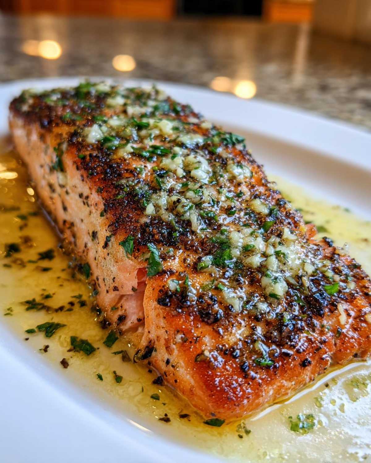 Close-up of a perfectly cooked air fryer salmon fillet topped with minced garlic and herbs in butter sauce.