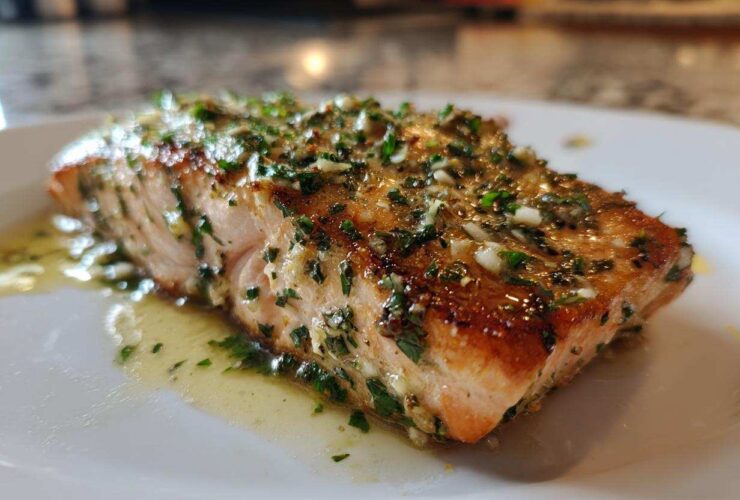 Close-up of a perfectly cooked piece of air fryer salmon topped with a glistening garlic and parsley herb mixture.