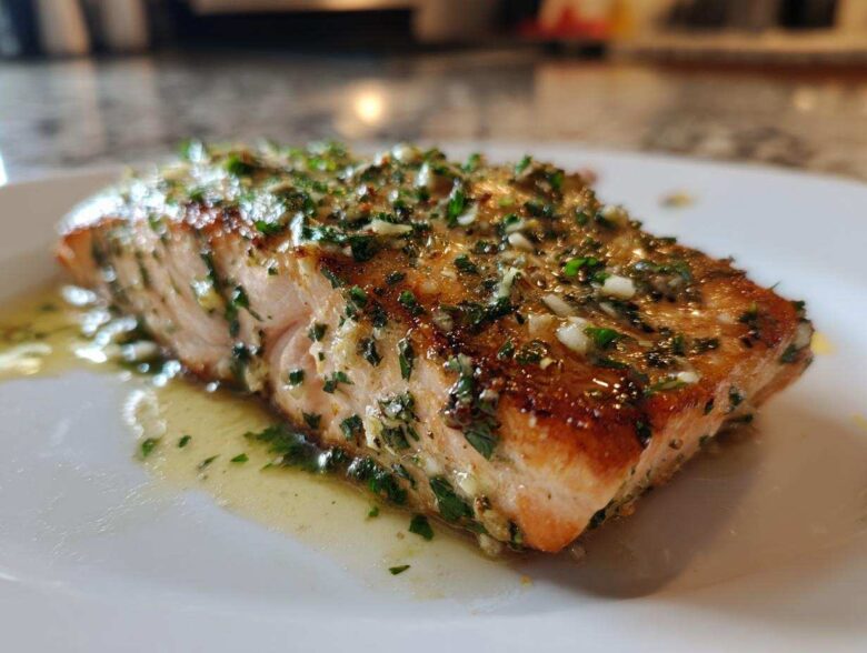 Close-up of a perfectly cooked piece of air fryer salmon topped with a glistening garlic and parsley herb mixture.
