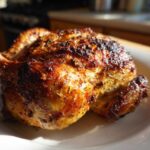 Close-up of a beautifully browned and seasoned air fryer whole chicken resting on a white plate.