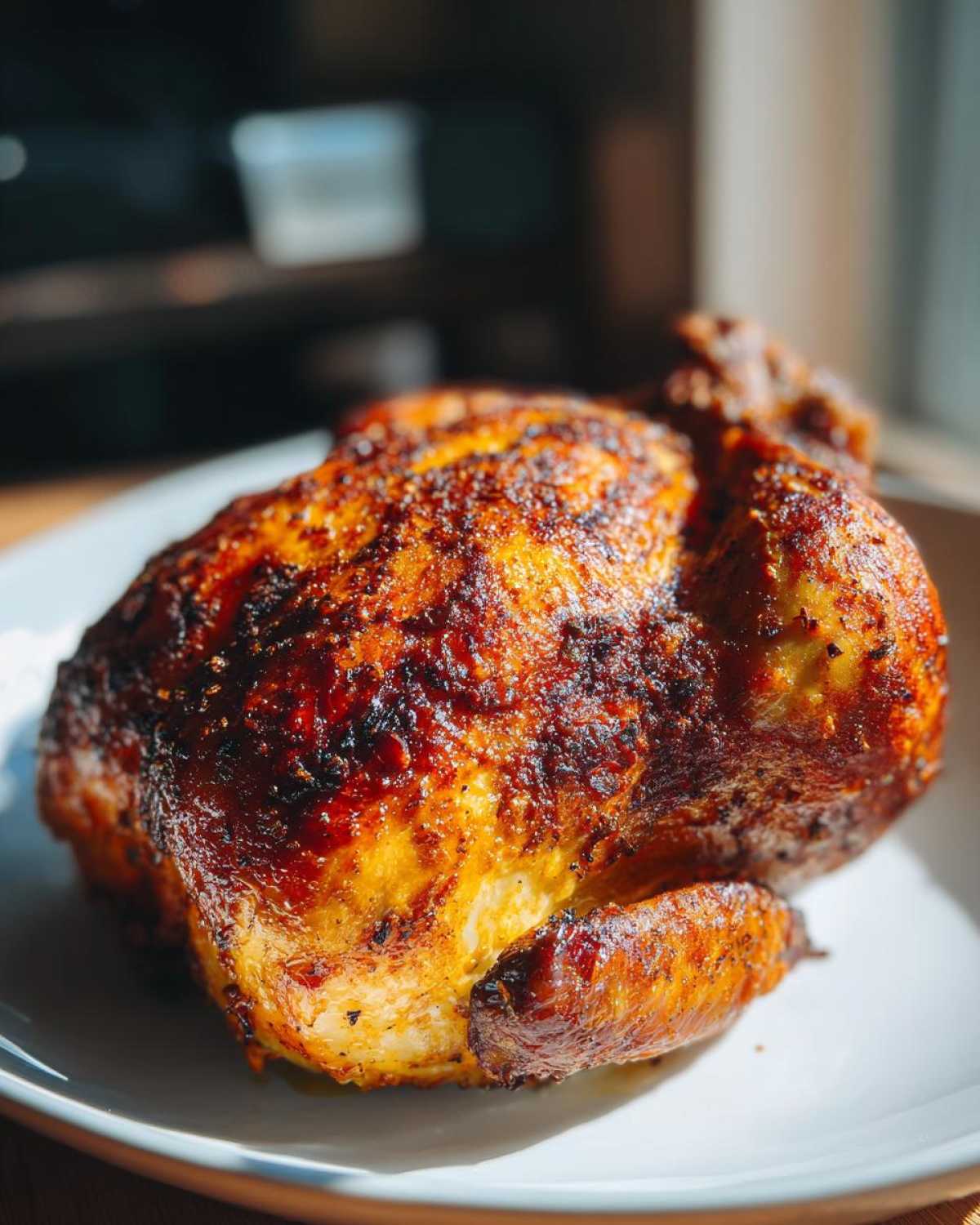 A whole chicken with crispy, golden-brown skin resting on a white plate, made using an air fryer whole chicken recipe.