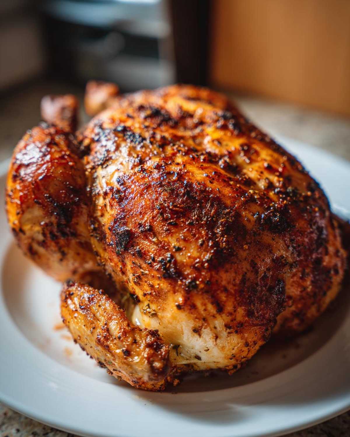 A perfectly cooked, seasoned air fryer whole chicken with crispy, browned skin resting on a white plate.