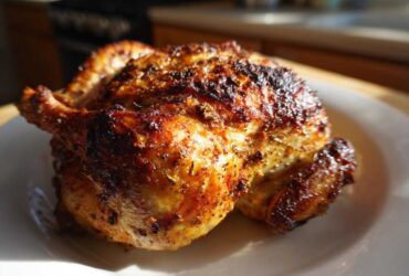 Close-up of a beautifully browned and seasoned air fryer whole chicken resting on a white plate.