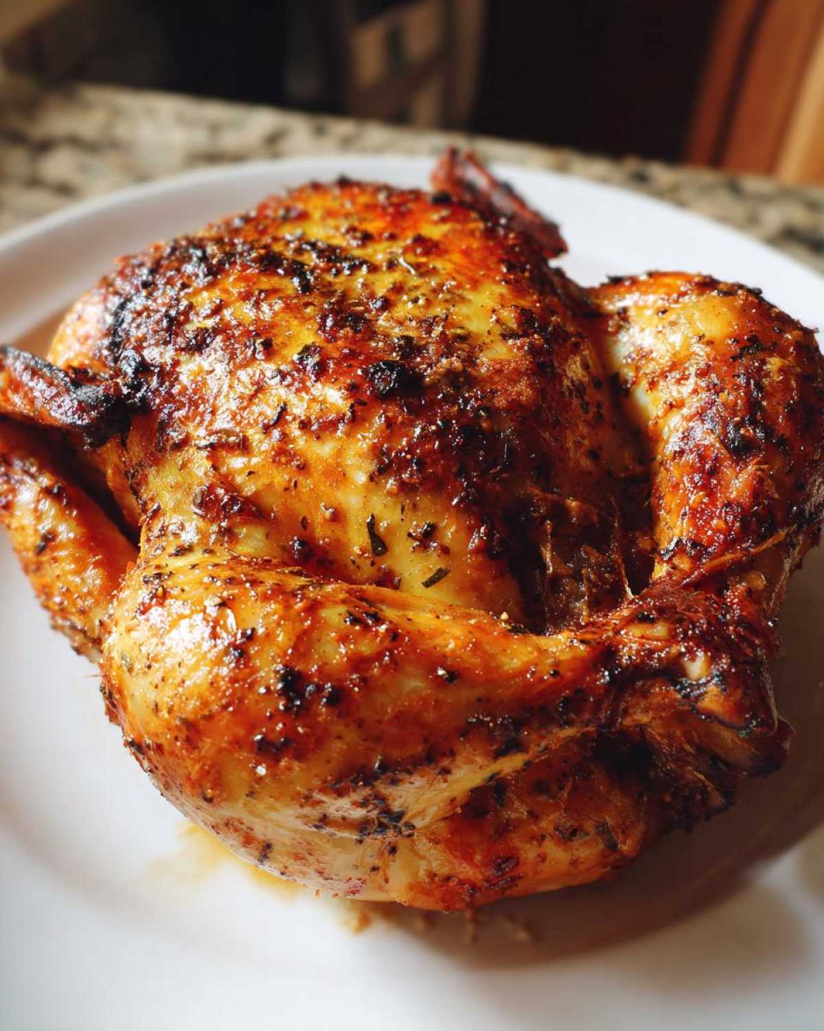 A beautifully browned and crispy air fryer whole chicken resting on a white plate, ready to serve.