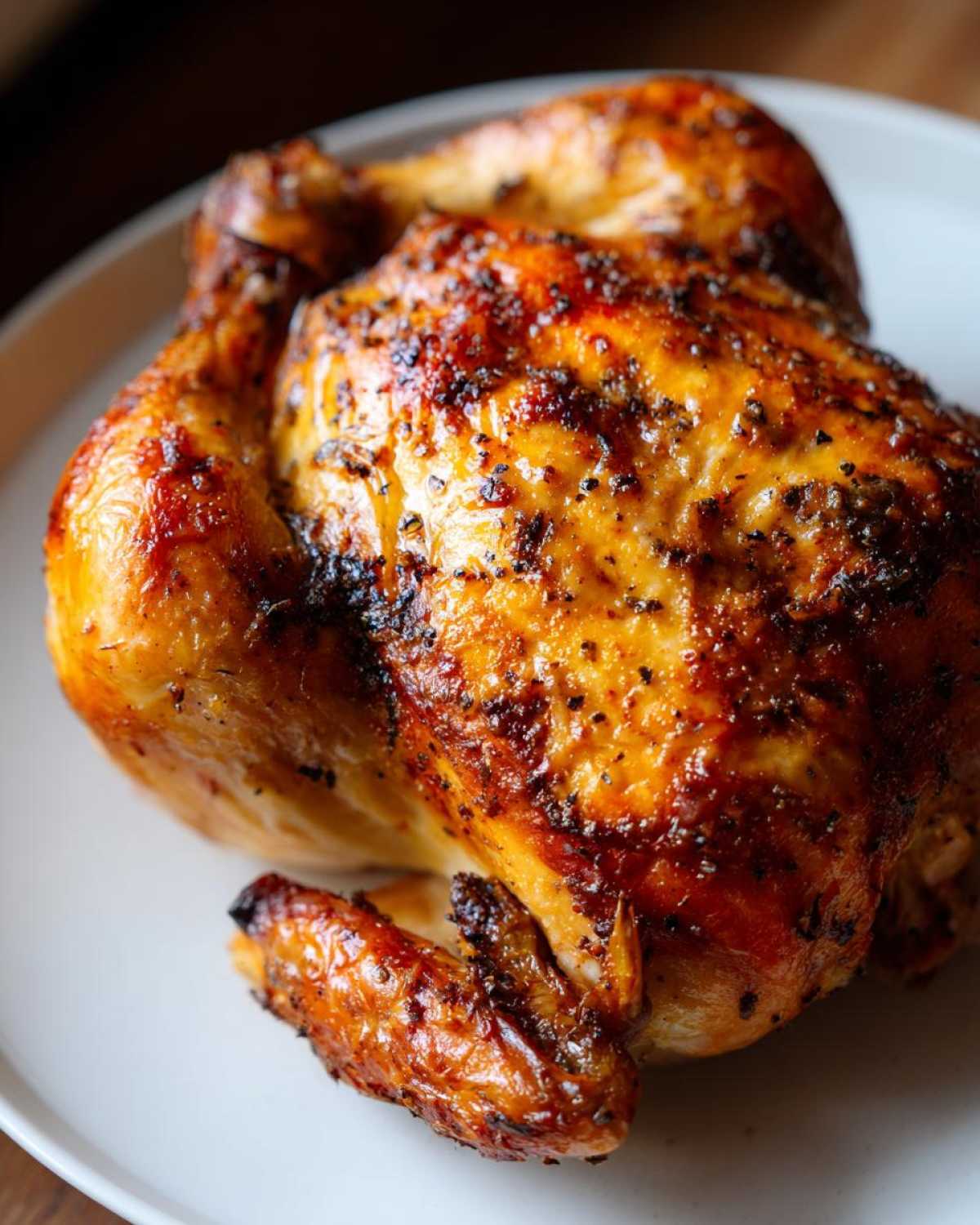Close-up of a beautifully browned and seasoned air fryer whole chicken resting on a white plate.