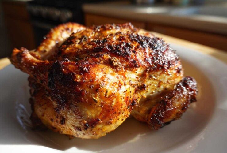Close-up of a beautifully browned and seasoned air fryer whole chicken resting on a white plate.