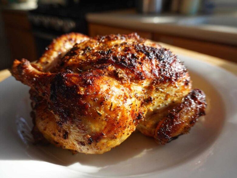 Close-up of a beautifully browned and seasoned air fryer whole chicken resting on a white plate.