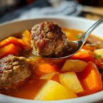 Close-up of a spoonful of rich, tomato-based albondigas soup featuring a browned meatball, potatoes, and carrots.