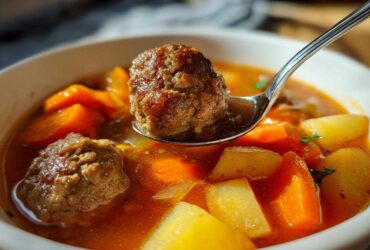 Close-up of a spoonful of rich, tomato-based albondigas soup featuring a browned meatball, potatoes, and carrots.