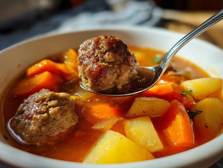Close-up of a spoonful of rich, tomato-based albondigas soup featuring a browned meatball, potatoes, and carrots.