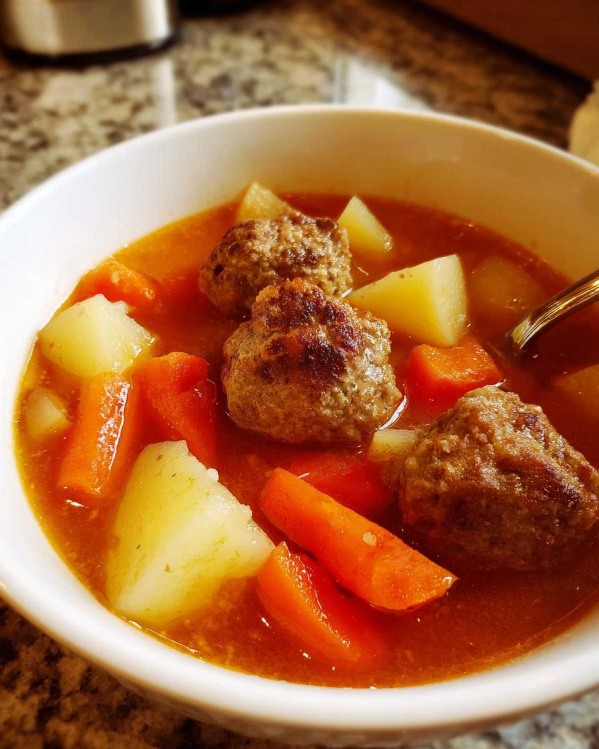 Close-up of a white bowl filled with flavorful albondigas soup, featuring meatballs, chunks of potato, and carrots in a rich broth.