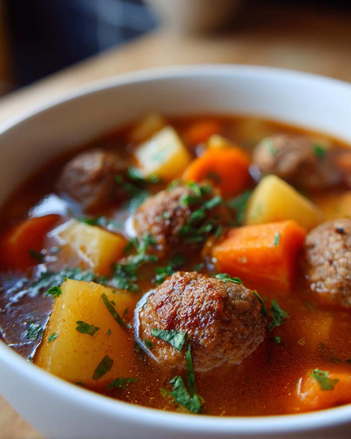 Close-up of a white bowl filled with rich, savory albondigas soup featuring meatballs, potatoes, and carrots, garnished with fresh cilantro.