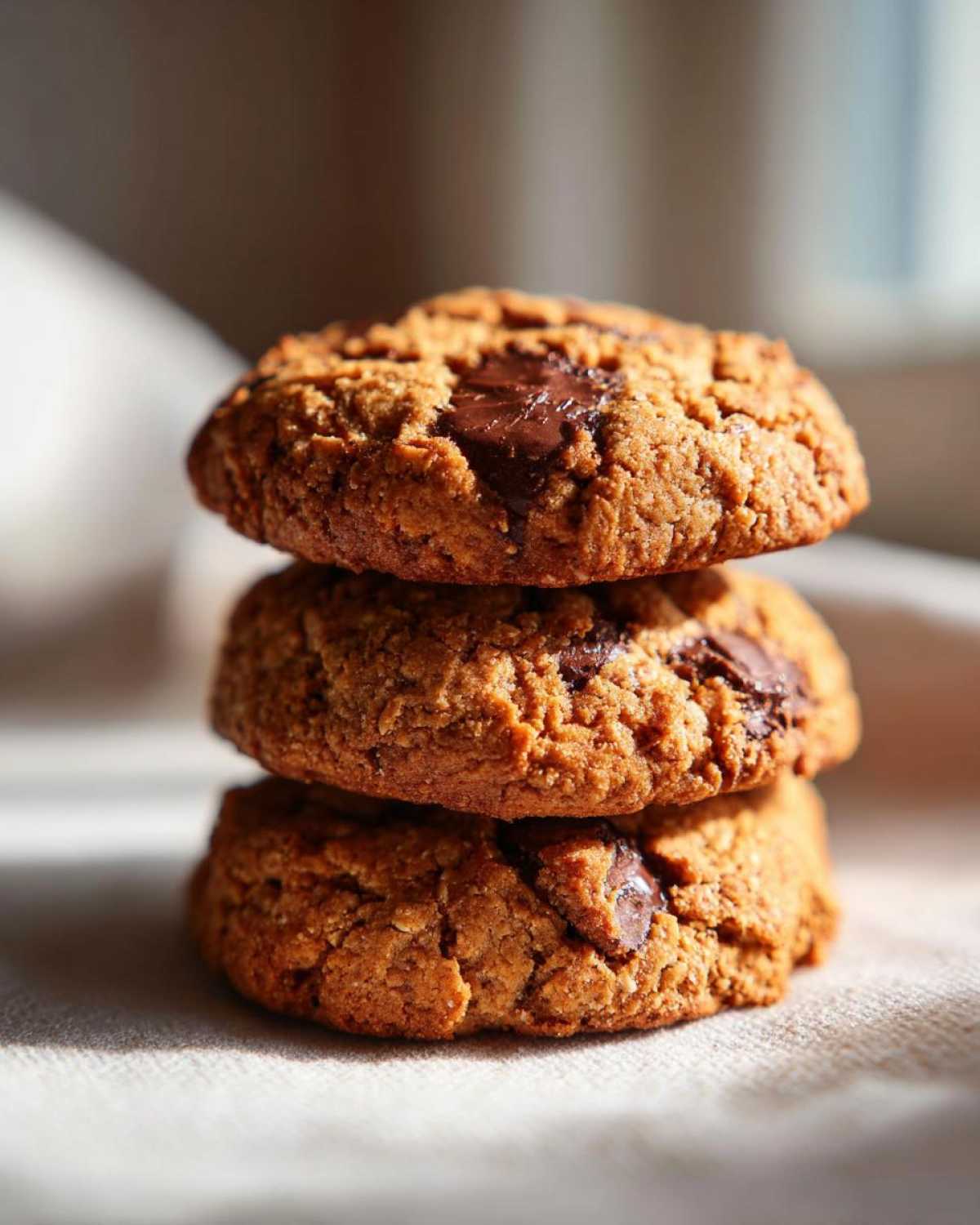 A stack of three freshly baked oatmeal cookie treats featuring melted chocolate chips, perfect for an amazing 1-bowl oatmeal cookie recipe.