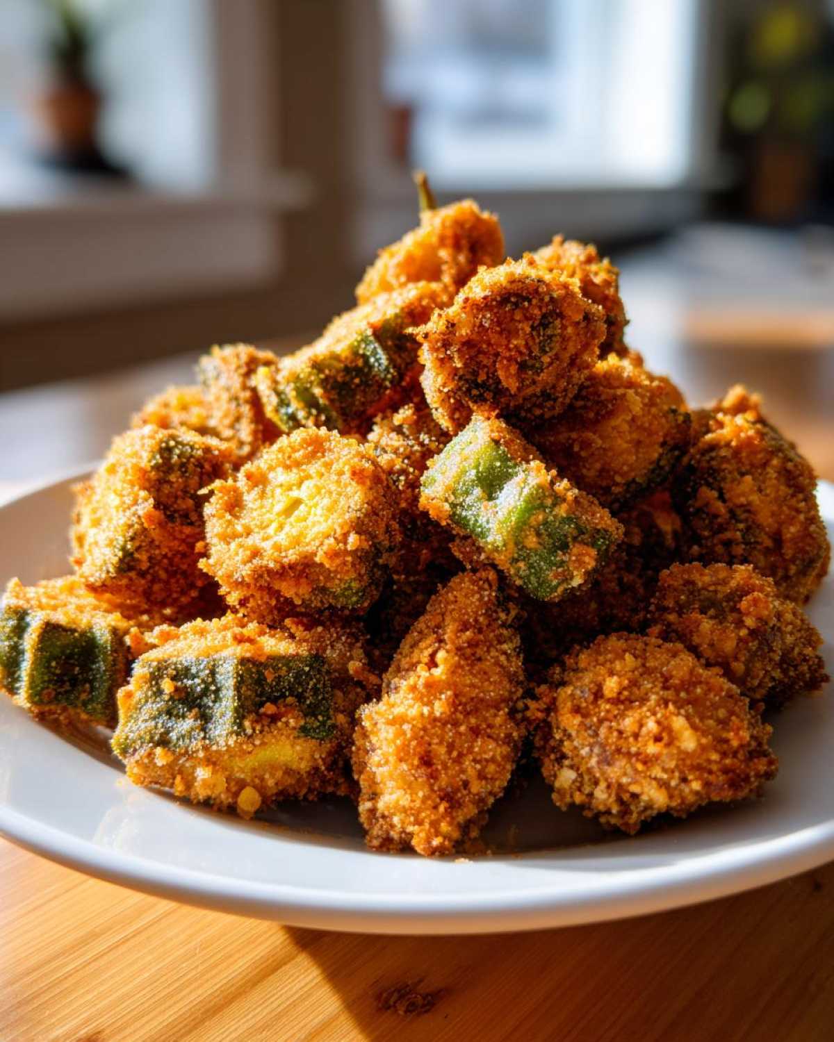 A mound of golden brown, crispy fried okra pieces piled high on a white plate, ready to eat.