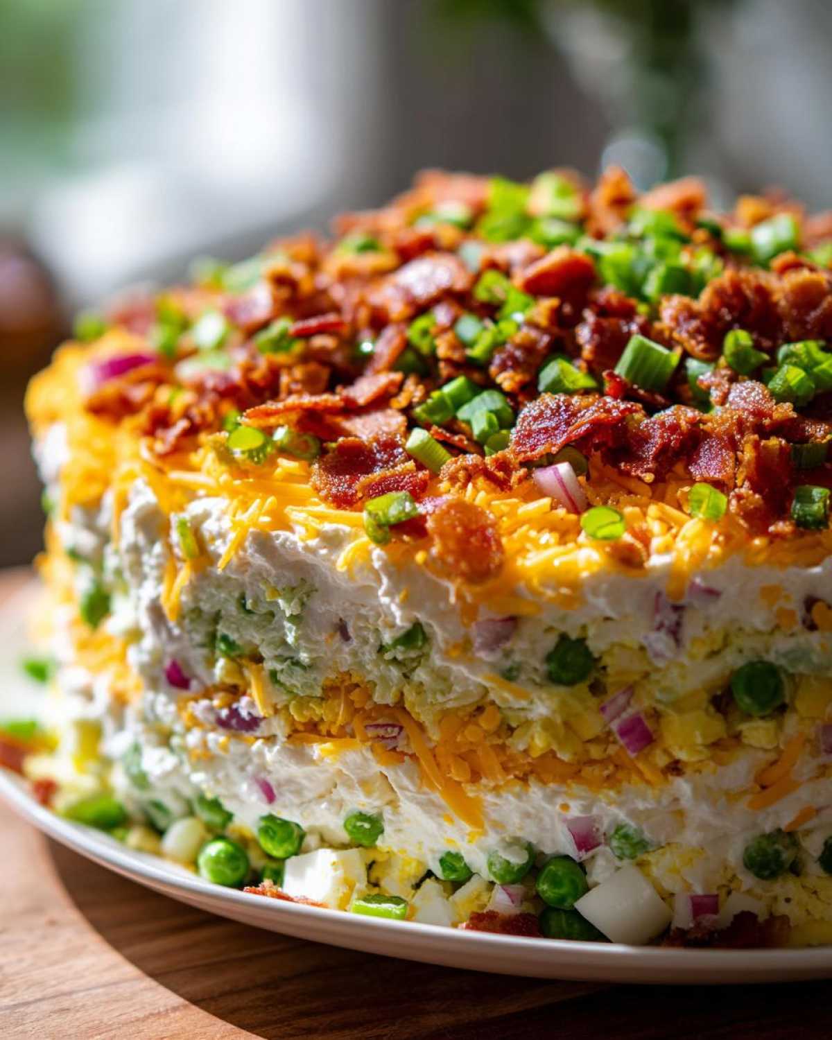 A tall, layered presentation of the amazing 7 layer salad, topped with shredded cheese, bacon bits, and green onions.