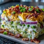 A tall, layered slice of amazing 7 layer salad topped with bacon, cheese, and green onions.
