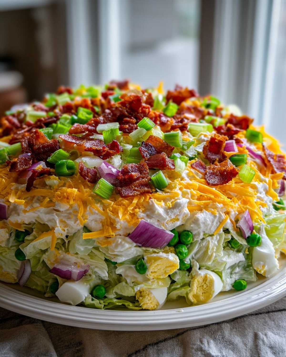 A tall, layered mound of amazing 7 layer salad topped with bacon, cheese, and green onions.