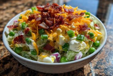 Close-up of the top layer of an amazing 7 layer salad, featuring bacon bits, shredded cheese, and green onions.