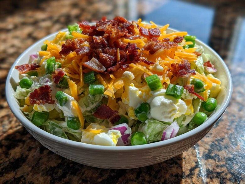 Close-up of the top layer of an amazing 7 layer salad, featuring bacon bits, shredded cheese, and green onions.