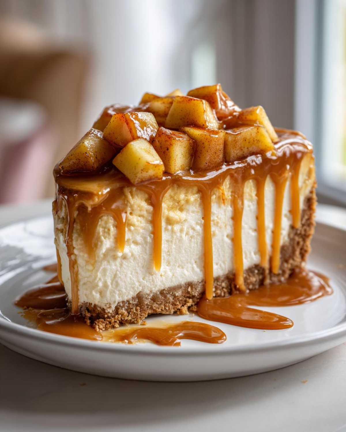 A decadent slice of apple pie cheesecake topped with spiced apple chunks and dripping caramel sauce.