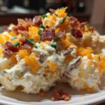 Close-up of creamy baked potato salad loaded with shredded cheddar cheese, crispy bacon bits, and fresh chives.