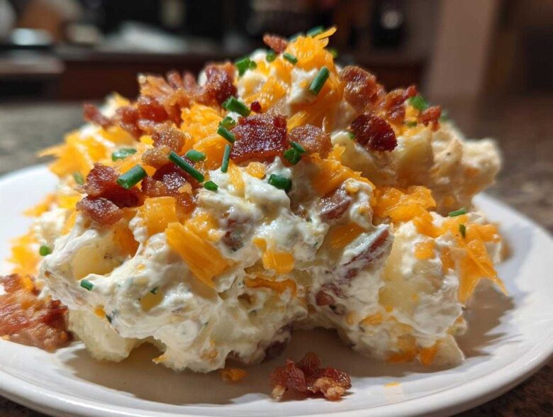 Close-up of creamy baked potato salad loaded with shredded cheddar cheese, crispy bacon bits, and fresh chives.