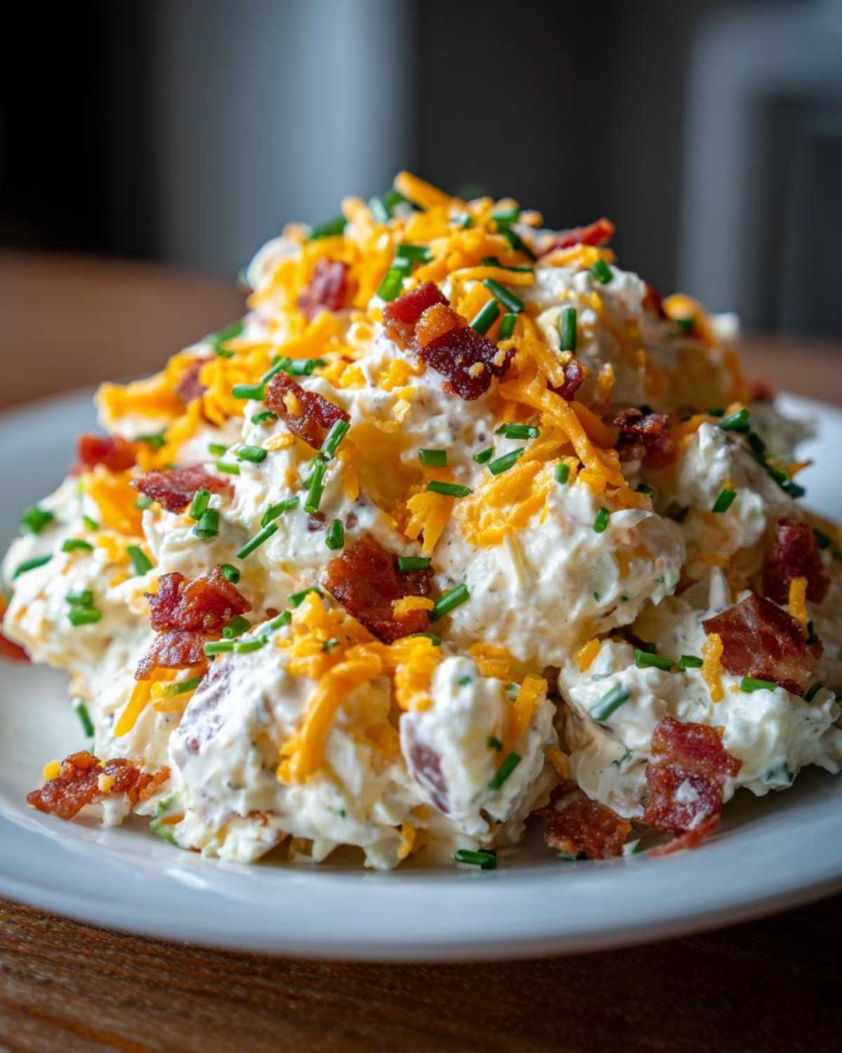 A mound of creamy baked potato salad topped generously with shredded cheddar cheese, crispy bacon bits, and fresh chives.