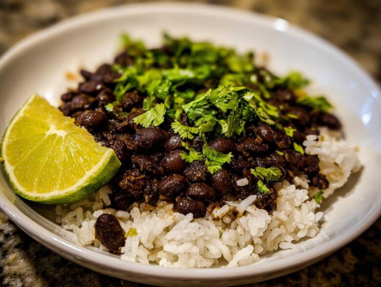 A close-up of a serving of black beans and rice topped with fresh cilantro and a lime wedge.